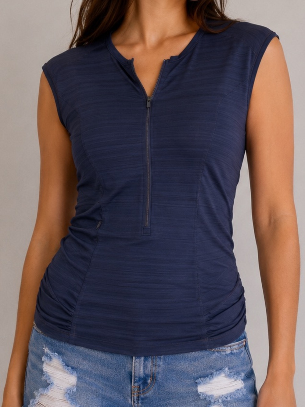 Athleta Pacifica Navy Half Zip Ruched Sleeveless Top Medium